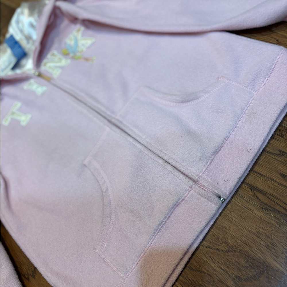 Disney Tinker Bell “Feisty” Pink Fleece Hoodie Women’s Medium Y2K Satin Hood - Picture 4 of 11